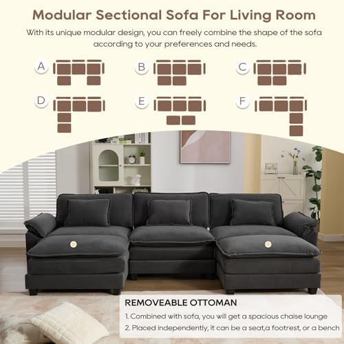 IPKIG 154" Modular Sectional Sofa, Comfy U-Shaped Cloud Couch Chenille 6-Seater Modular Couch Sofa with Ottoman for Living Room, Basement, DIY Combination (Grey, 117" - U Shaped) - 2