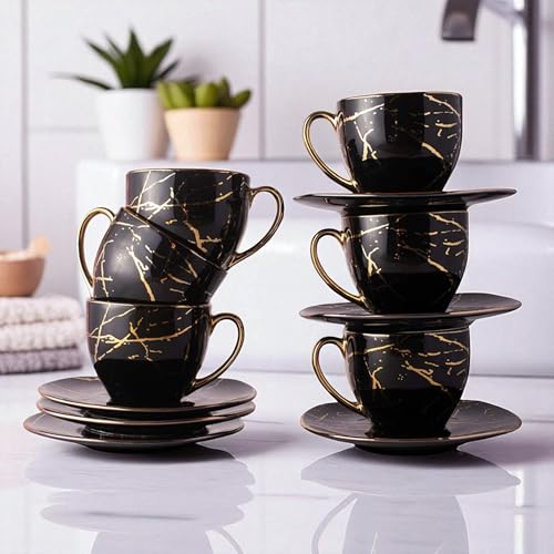 Image of Bone China Gold Line Diamond Cup with Saucer Set of 12 Pcs | Tea /Coffee Cups 200 ml | Microwave & Dishwasher Safe | Bone-Ash Free | Crockery Set Ideal for Daily Use & Gifting (Black)