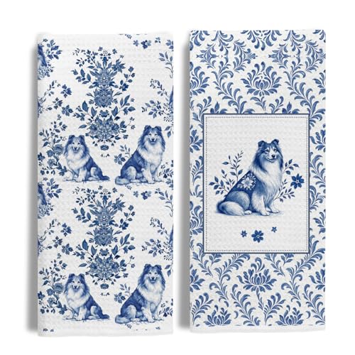 Image of Chinoiserie Rough Collie Kitchen Towels Set of 2, Blue and White Dog Dish & Tea Towels for Kitchen Bathroom Decor, Vintage Pomeranian Hand Towel for Farmhouse Decor,16x24 Inch