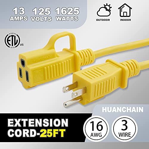 Indoor Outdoor Extension Cord 25 Ft Waterproof, 16/3 Gauge Flexible Cold-Resistant Appliance Extension Cord Outside, 13A 1625W 16Awg Sjtw, 3 Prong Heavy Duty Electric Cord Yellow, Etl Huanchain #TOP6