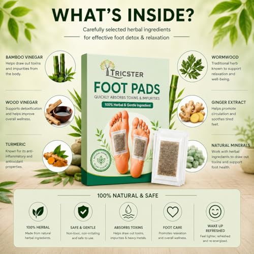 Image of TRICSTER Detox Foot Patches for Deep Cleansing & Relaxation | Natural Bamboo Vinegar Ginger Foot Pads for Toxin Removal, Stress Relief, Better Sleep & Foot Care | Herbal Foot Patch for Men & Women (Pack of 50)
