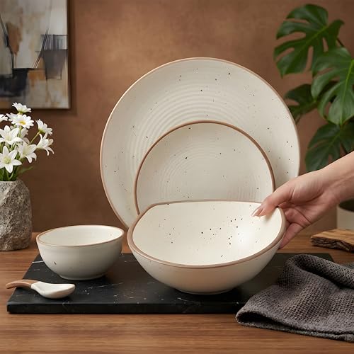 Image of Miah Decor Ceramic Dinner Set - 14-Piece Handmade Stoneware | 4 Bowls, 4 Quarter Plates, 4 Dinner Plates & 2 Serving Bowls | Off White Ribbed Matte Finish | Microwave & Dishwasher Safe | Ideal Gift