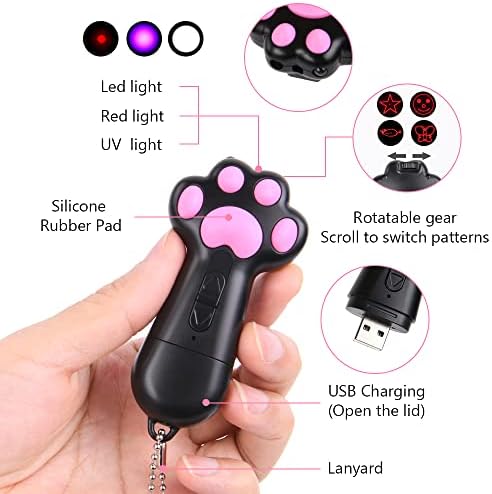 vsshe Cat Dog Red Pointer Light Toy, 7 in 1 Paw Style Cat Toys Cat Dog Interactive Toy, USB Rechargeable LED Cat Pen Light, Pet Scratching Practice Chase Training Tool (Black)