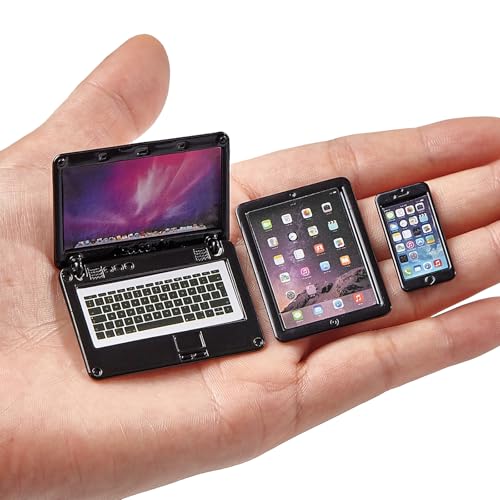 Dollhouse Furniture Accessories Laptop, 1/12 Scale 1/6 Scale Miniature Phone Tablet Mini Stuff Things Doll House Mini Play Set Accessories 3 Pcs(Black)