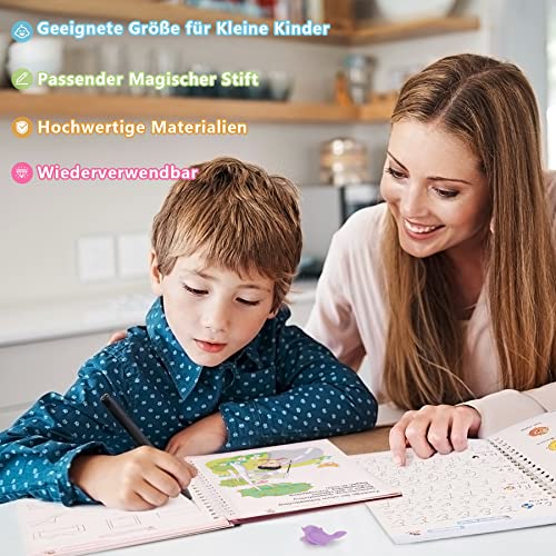 Larcenciel Deutsche Magisches Heft, 4 Große Magische Übungshefte + 1 Magischer Stift + 7 Nachfüllungen + 1 Schreibhilfe (Magisches Heft)