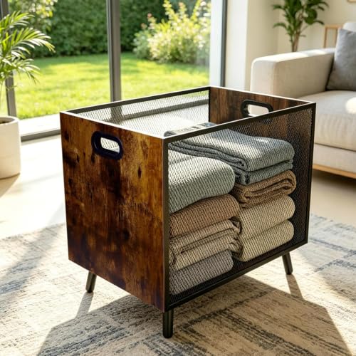FANTERSI 66L Blanket Basket, Laundry Basket Organizer With Rustic Industrial Design, Blanket Storage Basket For Living Room, Wood And Metal Mesh Construction