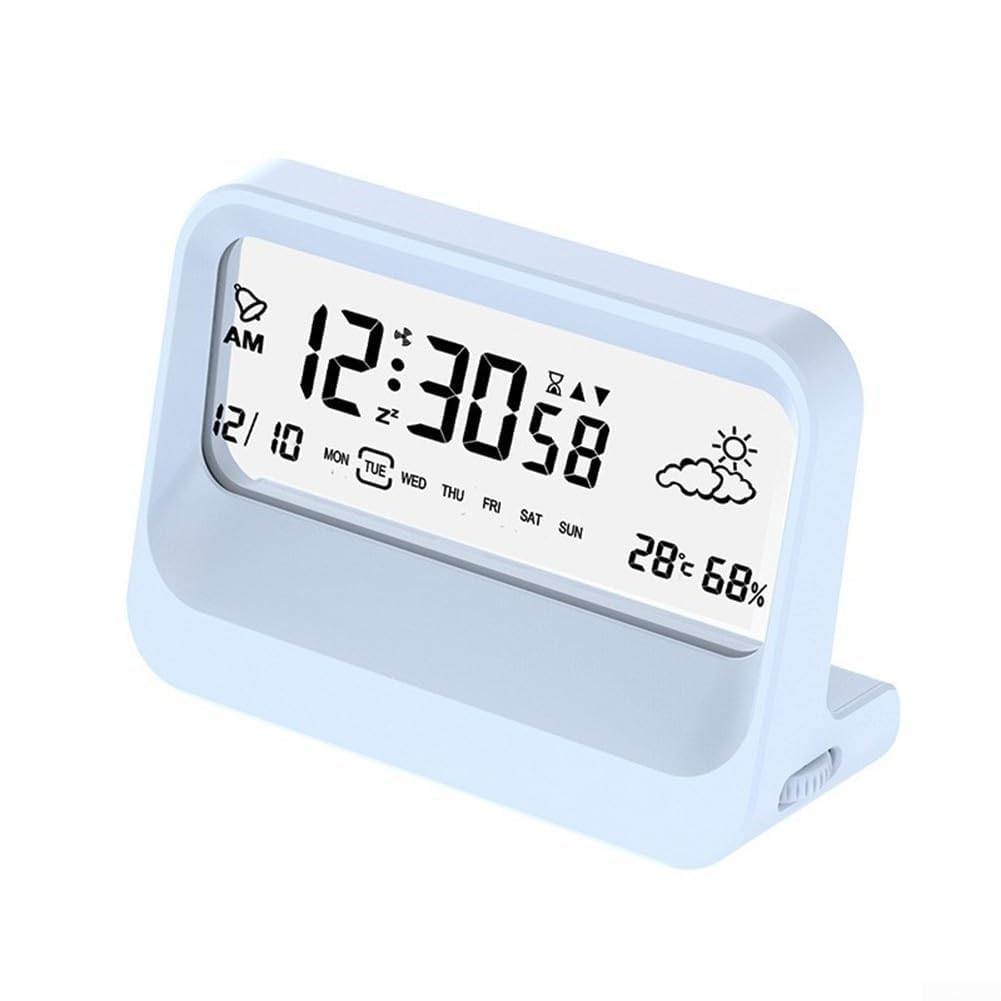 EcoLivzen Digital Alarm Clock with Time Date Temperature Display and 3 Alarms for Bedside Table Powered(Blue)