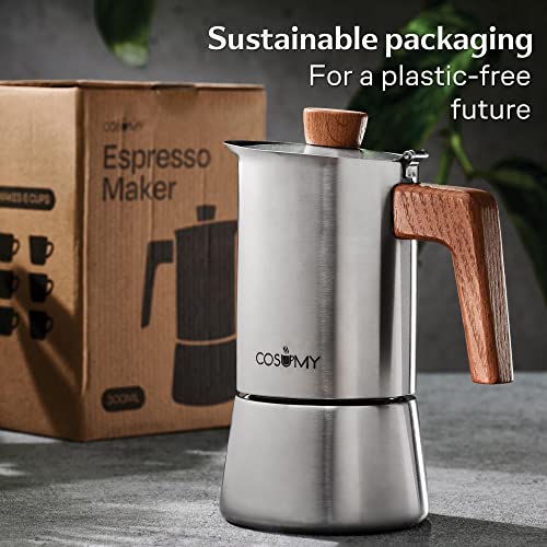 Cosumy Espresso Maker Induction - Stainless Steel Moka Pot 6 Cups - Coffee Maker Suitable for All Hobs - FSC® Oak Wood - Image 6