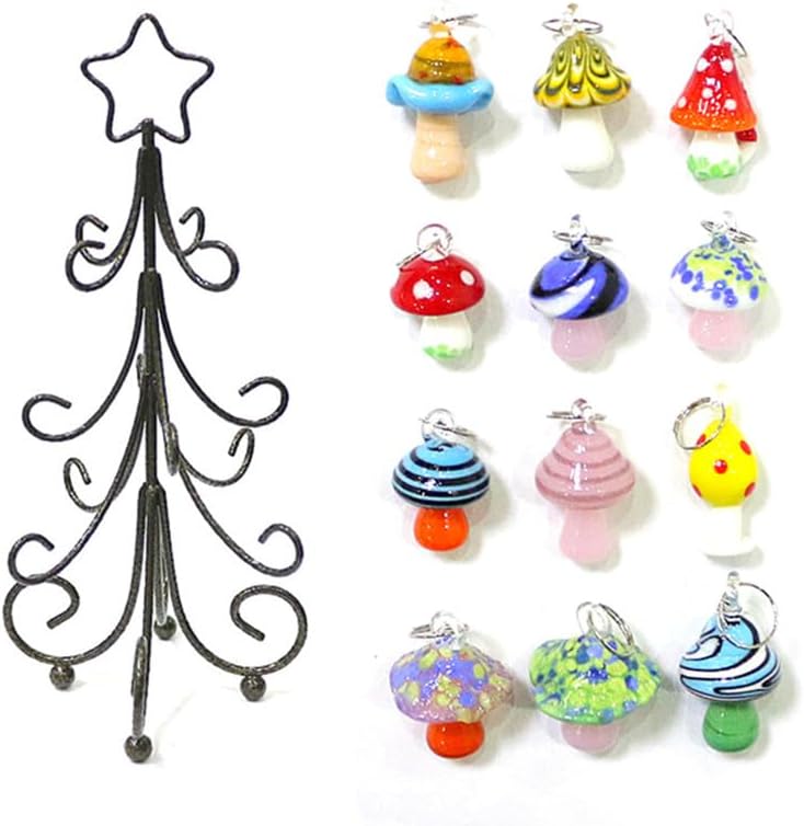 Bronze Iron Christmas Tree Ornaments with 12 Colorful Mini Mushroom Glass Pendants - Festive Home Tabletop Decor