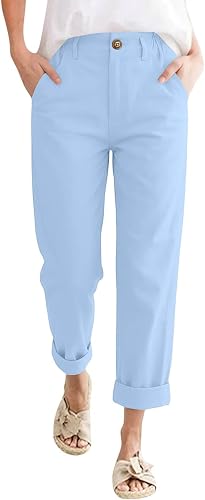 Petite Linen Pants for Women Cotton Elastic Waist Cropped Pants Women, Straight 