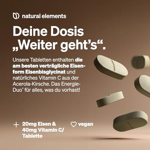 natural elements Eisen mit 40mg natürlichem Vitamin C – 240 vegane Eisentabletten – mit natürlichem Vitamin C aus Acerola – Chelat-Komplex (Eisenbisglycinat) – hochdosiert, ohne unnötige Zusätze
