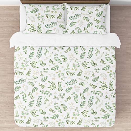 Image of Sweet Jojo Designs Floral Leaf Girl Full /Queen Bedding Comforter Set Kids Childrens Size - 3 Pieces - Green and White Boho Watercolor Botanical Woodland Tropical Garden