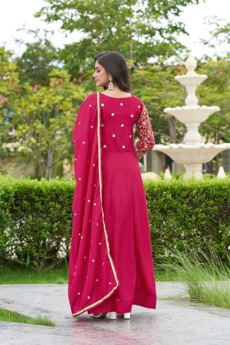 Image of Miss Ethnik Women's Pink Chinon Stitched Gown with Dupatta Full Sleeve Embroidered Anarkali Gown (MER-1275)
