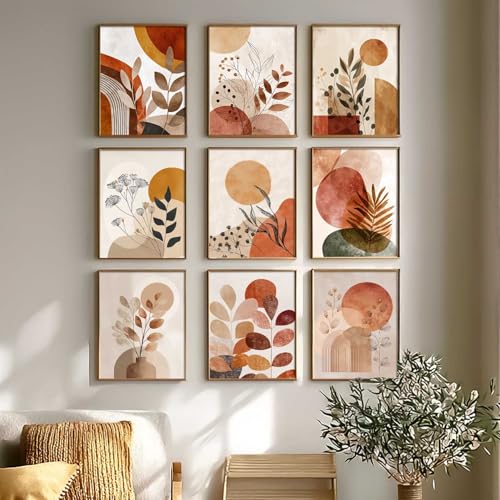 Image of kotart Aesthetic Boho Floral Painting Wall Art Home Decoration | Abstract Floral Aesthetic Paintings With Frame For Living Room Bed Room Hotel Wall Decor Digital Reprint Set of 9 (10X13 inch)
