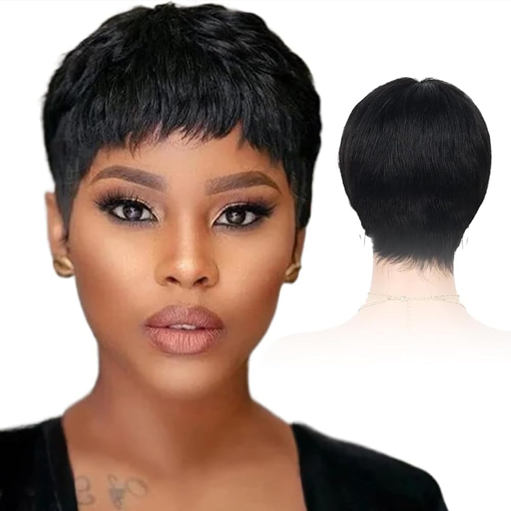 Wig Hair Short Wigs for Black Women Hair Glueless Natural Look Cut Wig Lace Front Wigs with Bangs Straight Short Human Hair Wigs (Black9982)