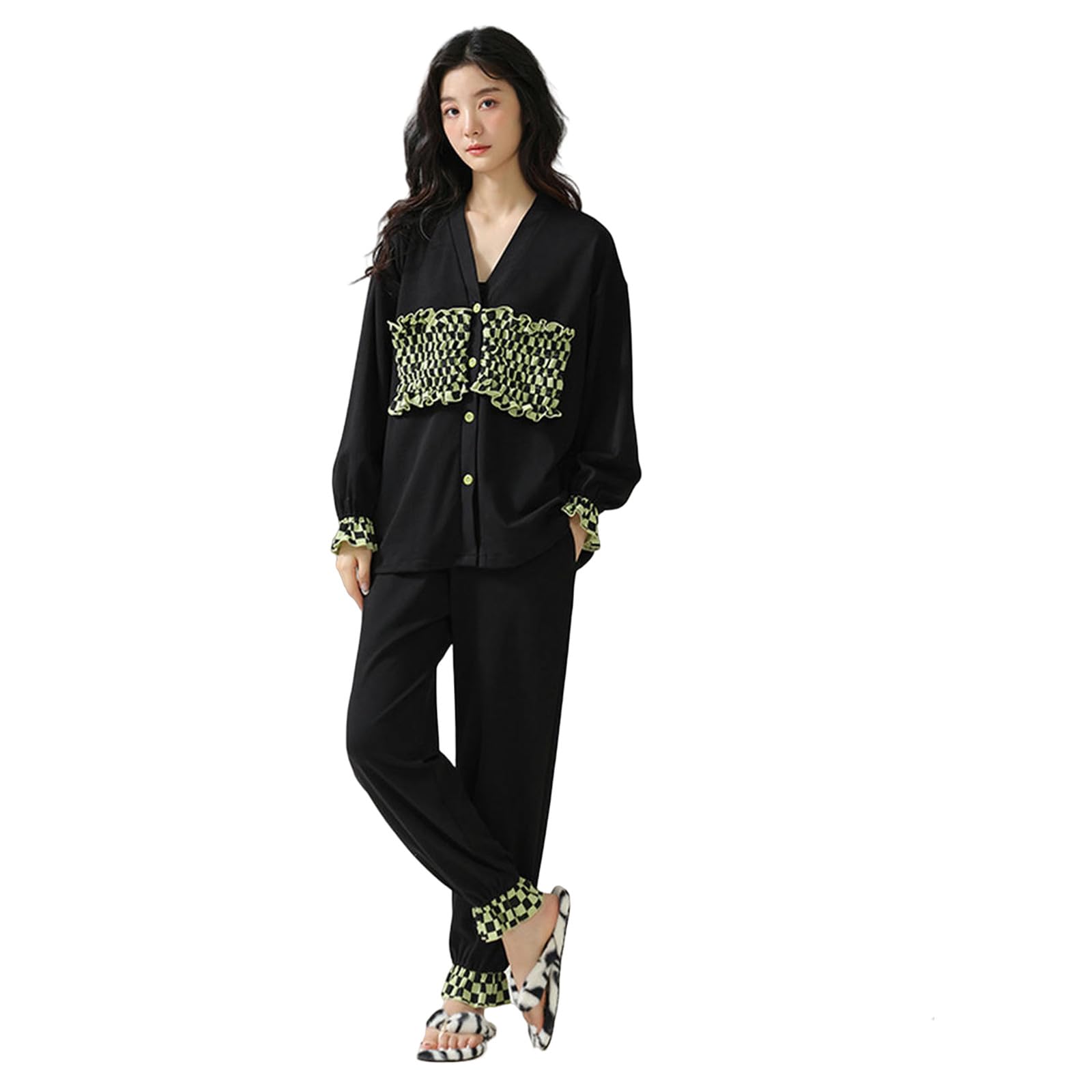 Pigiama Donna Set di Pigiama in Cotone Femminile - Stile Primaverile Autunno, Cardigan A Maniche Lunghe, Versatile Capispalla per Casa E Fuori-Nero-XXL