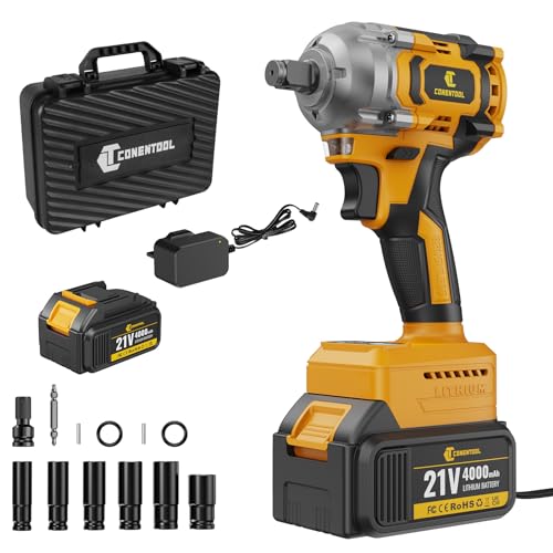Conentool 680Nm(500ft-lbs) Cordless Impact Wrench High Torque, 1/2 Power Battery Impact Gun w/ 4.0Ah Battery, Fast Charger, 6 Sockets, Storage Tool Box & Variable Speeds for Car Tire Truck RV Mower