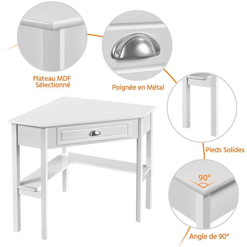 Yaheetech Bureau d'angle 106x71.5x76.5 cm avec Tiroir & Étagère - Blanc