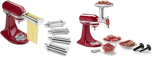 KitchenAid KSMPDX Pasta Deluxe Set de accesorios para batidora de pie, 5 piezas, acero inoxidable y accesorio de metal KSMMGA para molinillo de