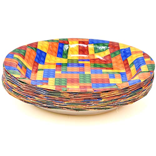 Colorful Building Block Party Supplies Disposable Tableware Set 24 9" Paper Dinner Plates 24 7" Dessert Plates 24 9 Oz Cups 50 Luncheon Napkins For Kids Color Brick Blocks Themed Birthday Decorations #TOP2