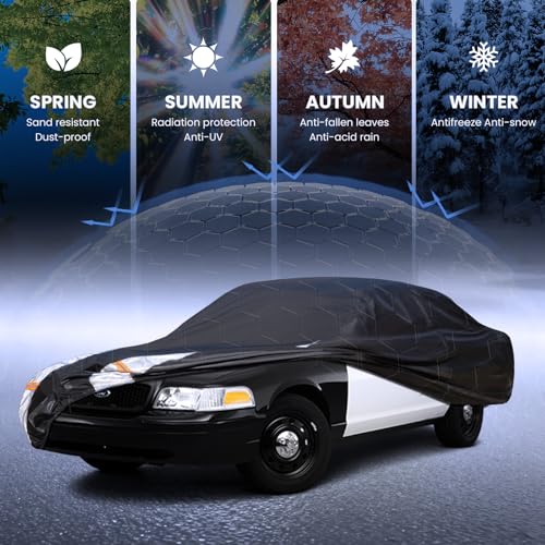 Image of Multi-Layer Car Cover Custom Fit for Ford Crown Victoria (1991-2010), 100% Waterproof All Weather for Automobiles, Gift with Towel, Heavy Duty Car Covers for Rain Sun UV Protection with Door Zipper.