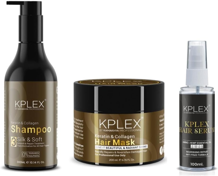 KPLEX by Kamakhya Professional Keratin & Collagen Shampoo | Hair Mask | Hair Serum Combo | Nourishing & Anti-Frizz Hair Care Set | Smoothening & Conditioning for All Hair Types