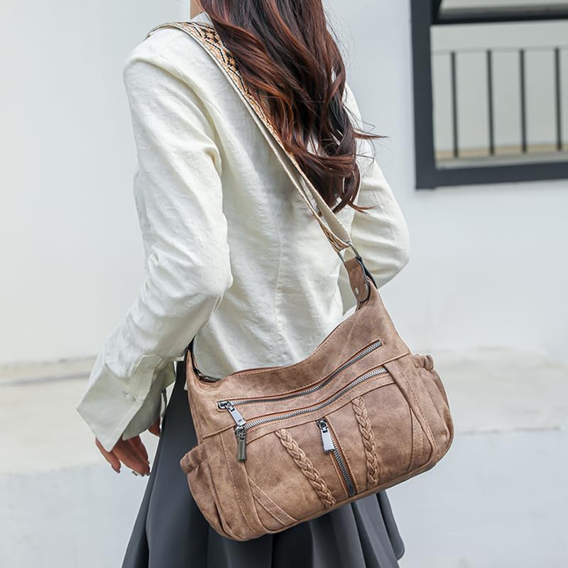 women's PU material retro large capacity multi-layer zipper embroidered wide shoulder strap crossbody bag shoulder bag casual bag（Brown）