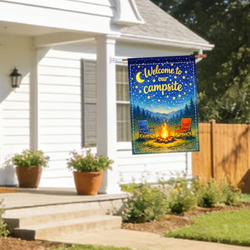 Image of Nuxovilar Camping Flag Fire Pit Garden Flag 28x40 Inches Polyester | Camping Decor Campsite Flag starry night banner camping invite sign patio yard park (Campsite Chair)