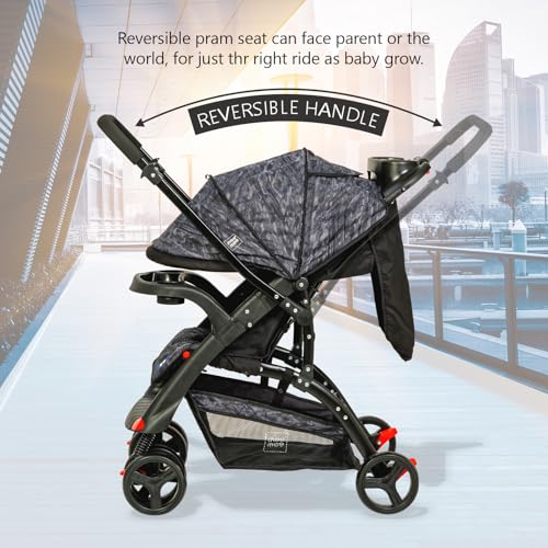 Image of Mee Mee Easy to Push Baby Stroller Pram with Quick One Hand Folding | Comfortable Seating | Fully Rotating Wheels | Feeding Tray for New Born Baby /Kids, 0-4 Years, Grey