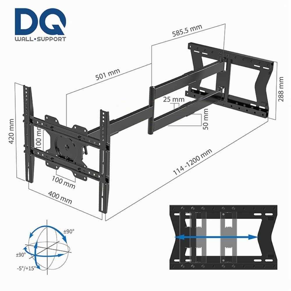 DQ Hercules FLEX 120 cm supporto rotazione da parete per TV fino a 120 cm, 40 kg, VESA 400x400mm