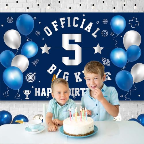 Image of Happy 5th Birthday Banner Backdrop 5th Birthday Decorations for Boys | Large Official Big Kid 5 Year Old Backdrop Fifth HBD Party Decorations Supplies, Navy Blue Silver