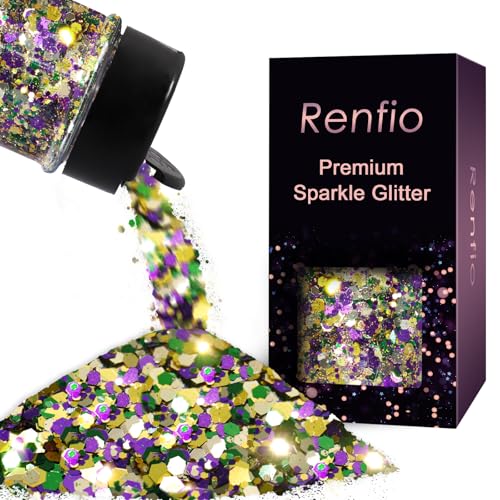 Renfio Mardi Gras Chunky Glitter Purple Gold Green Mixed Color Glitter for face Glitter 1.76oz/50g Iridescent Hexagon Sequin for Mask Snowglobe Tumbler Resin Craft Nail Hair Festival Decor Ornament