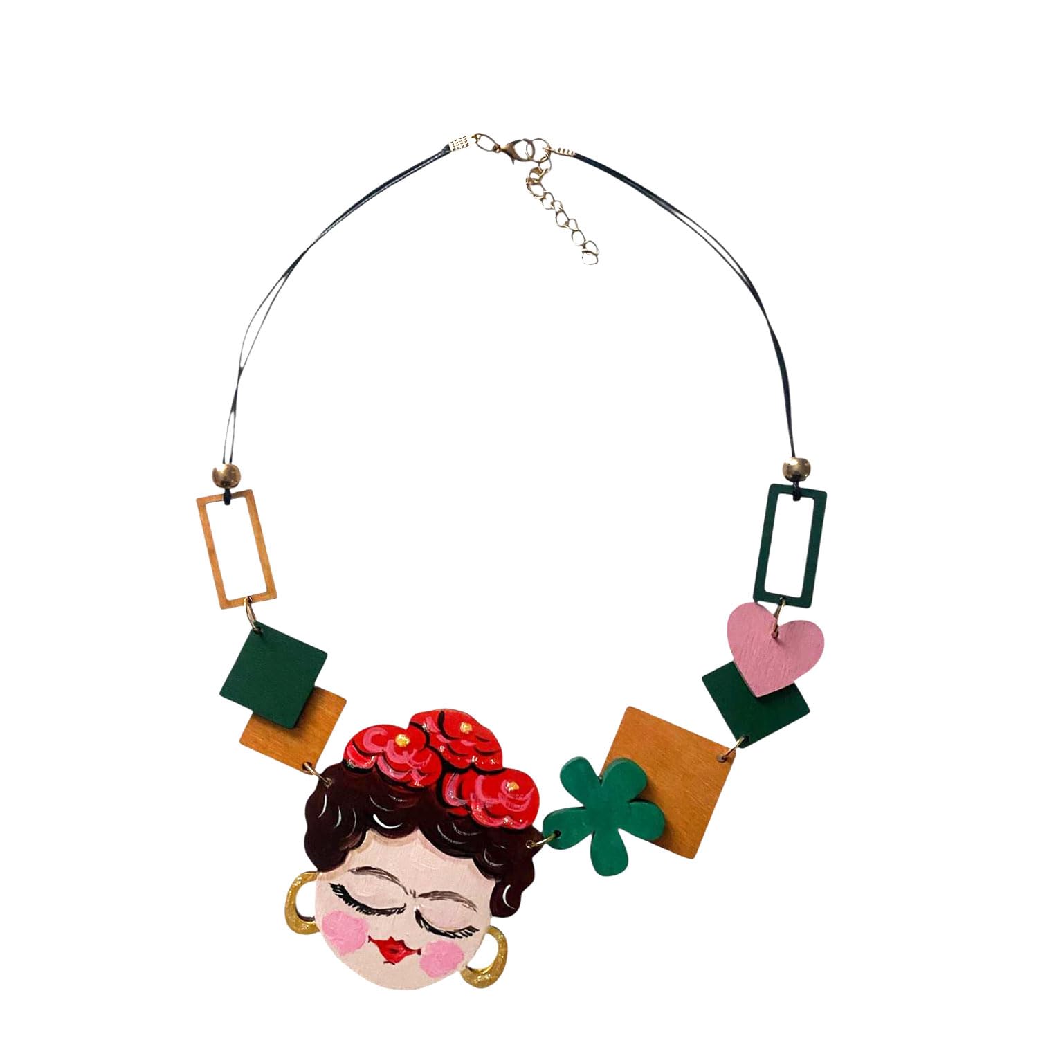 Arte Lisanti Collar artístico de madera para mujer Inspirado en Frida – Colgante pintado a mano con flores y corazón, joya artesanal en homenaje al arte y a la fuerza femenina, Made in Italy