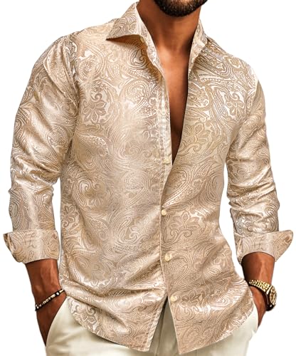 Barry.Wang Mens Shirts Silk Paisley Long Sleeve Dress Shirts Big and Tall Floral Shirt Men Wedding Party S-3XL Light Brown