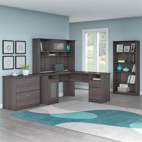 Scranton & Co Traditional L-Shaped Engineered Wood Cabot Desk with Hutch & Storage Cabinet & Bookcase, Integrated 4-Port USB Hub, for Office, in Heather Gray Finish