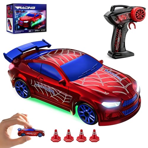 JoySpark Toys Mini Drift Car 1/64 Fernlenkauto mit LED-Beleuchtung & 2 Geschwindigkeitsmodi 2 4 GHz Stunt Drifting RC Auto Spielzeug mit 4 Hindernissen Hobby Geschenk für Kinder Erwachsene Rot