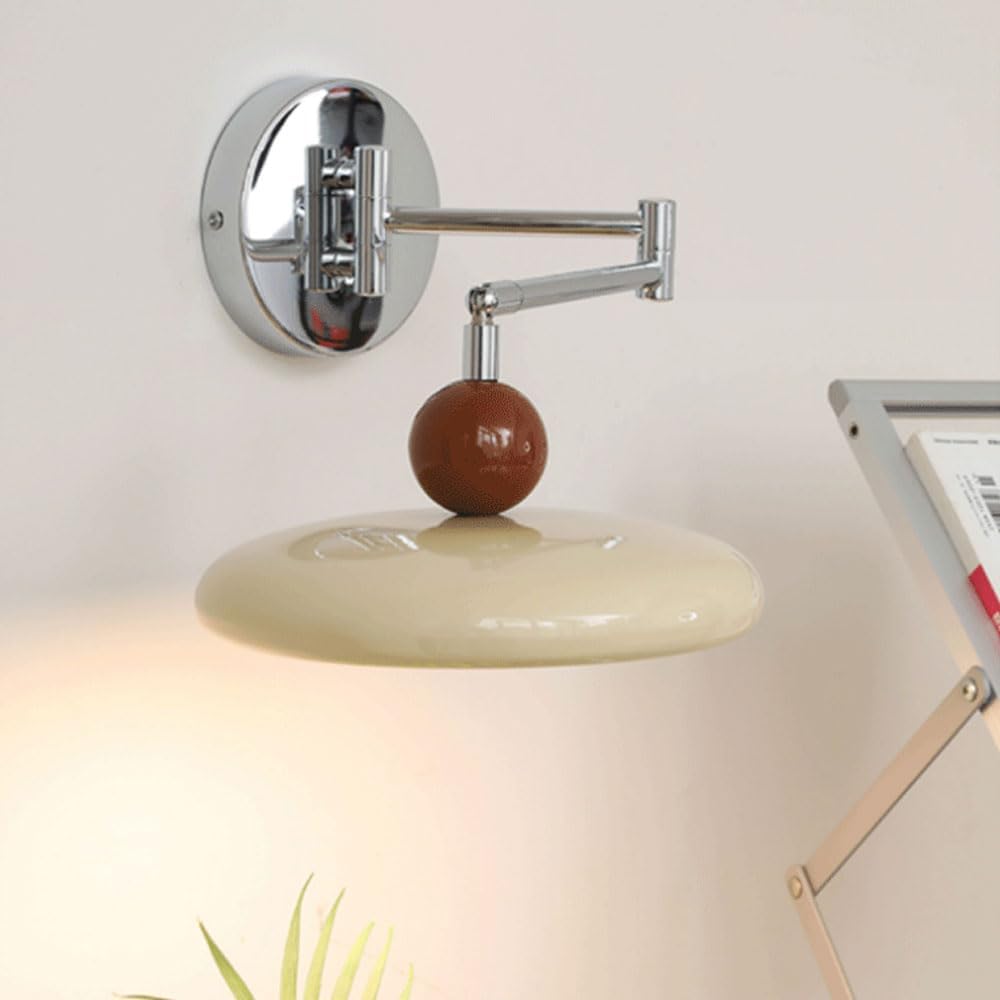 Nordic Cream LED Wall Mount Light Fixture Modern White Swing Arm Wall Lamp Bedroom Wall Reading Light Tri-Color Adjustable Milk Glass Wall Sconces for Children Room Boys Girls Bedroom