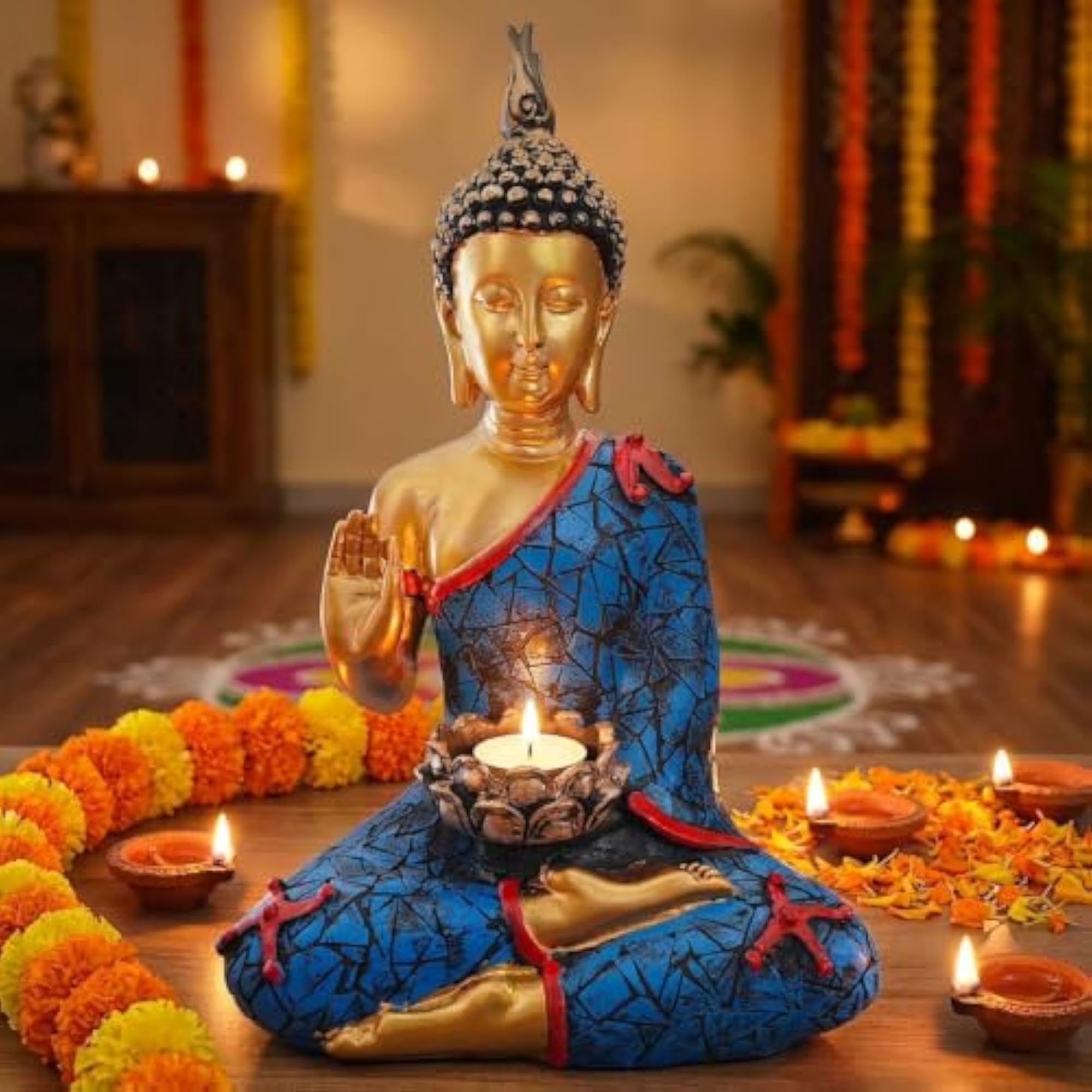 Meditating Sitting Buddha Idol Statue with Tealight Holder