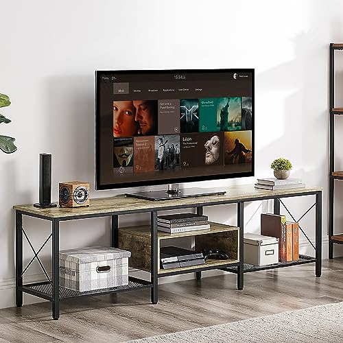 Vecelo Industrial Tv Stand For 75 Inch Television Cabinet 3-Tier Console With Open Storage Shelves, Entertainment Center Metal Frame For Living Room, Bedroom, 70 Inch, Grey #TOP1