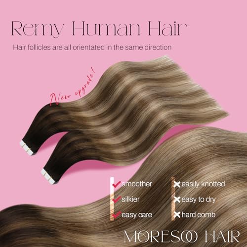 Image of Moresoo Tape Hair Extensions Golden Brown Balayage 22in 20Pcs 50g | Hair extensions tape in, dimensional brown blonde blend, Remy texture, longer strands for claw clips and wedding styling