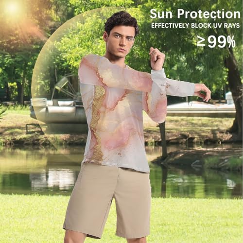 Marble White Blush UPF 50+ Long Sleeve Sun Shirt Loose Type Round Neck Men's Sun Shirt Long Sleeve Summer4