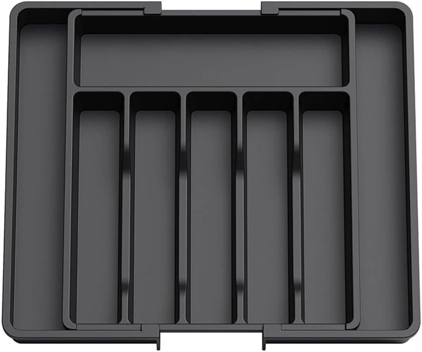 Cutlery Drawer Organiser, Expandable Drawer Organiser ，Tray with 6-8 Compartment Holders, 33-57 x 38 x 5 cm (black)