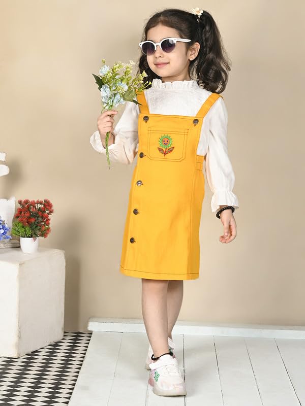 Image of superminis Girls Twill Denim Solid Color Dungree /Dress With Embroidered Pocket (1 Dress,1 Tee)