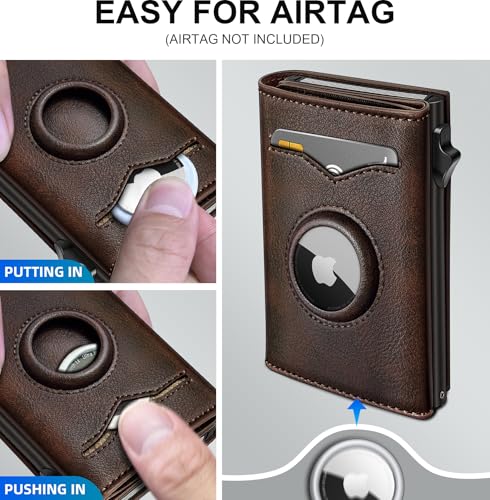 Image of miyozi Airtag Wallet for Men,with Cash Pocket 2 ID Window 9-12 Cards,Metal Case Smart Slim Pop Up Credit Card Holder Flip with Magnetic Closure RFID Blocking Trifold wallet with Gift Box