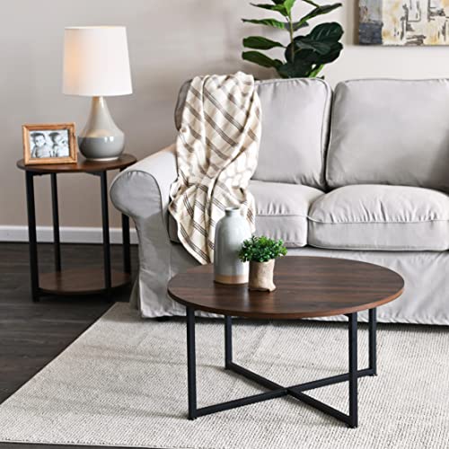Household Essentials Jamestown Round Side End Table with Storage Shelf Mid Century Walnut Wood Grain and Black Metal by Household Essentials - Image 6