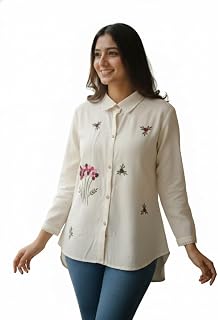 YOELLA Handmade Floral Khadi Cotton Tunic Shirt, Women's Hand Embroidered Off-White Indo-Western Top, 3/4 Sleeve Button-Do... Price In India