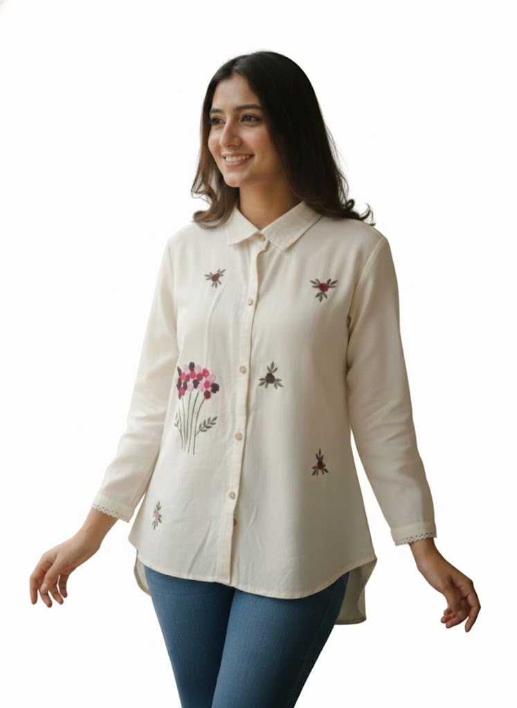 yoella Handmade Floral Khadi Cotton Tunic Shirt, Women's Hand Embroidered Off-White Indo-Western Top, 3/4 Sleeve Button-Down with Collar for Summer Office Party Beach-picture-13