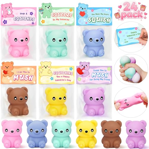 Valentines Day Cards for Kids School, 24 Pcs Macaron Color Bear Squeeze Toys with Valentines' Cards, Valentines Day Exchange Gifts for Kids, Ideal Classroom Prize & Party Favors Supply