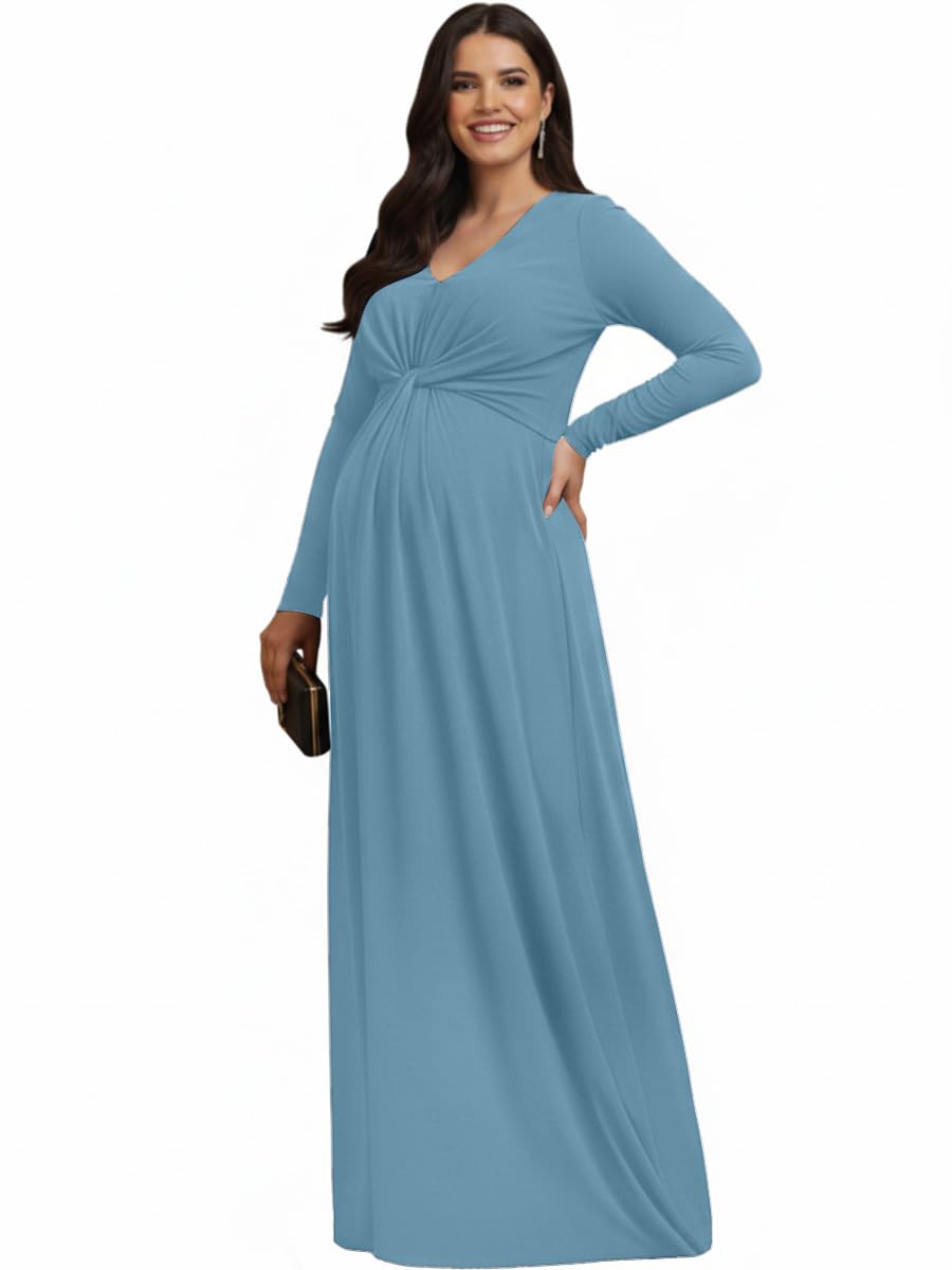 KOH KOH Womens Long Sleeve Flowy Maternity Pregnancy Elegant V-Neck Maxi Dress