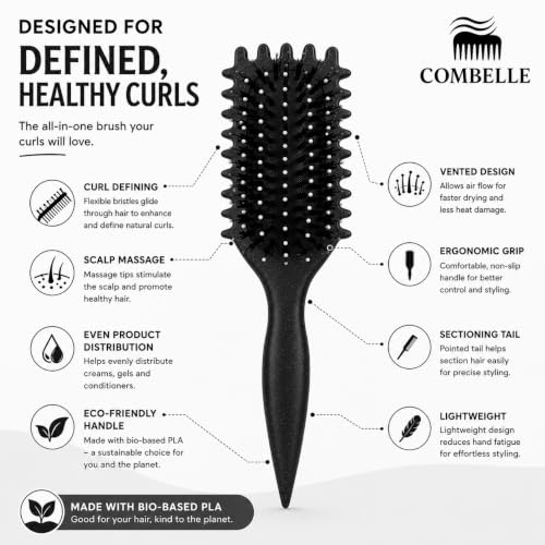 Image of Combelle 5-in-1 Curl Hair Brush, Vegan Boar Bristles, Bio-Baked PLA Handle, Detangling and Frizz Control for Curly Hair (Black)